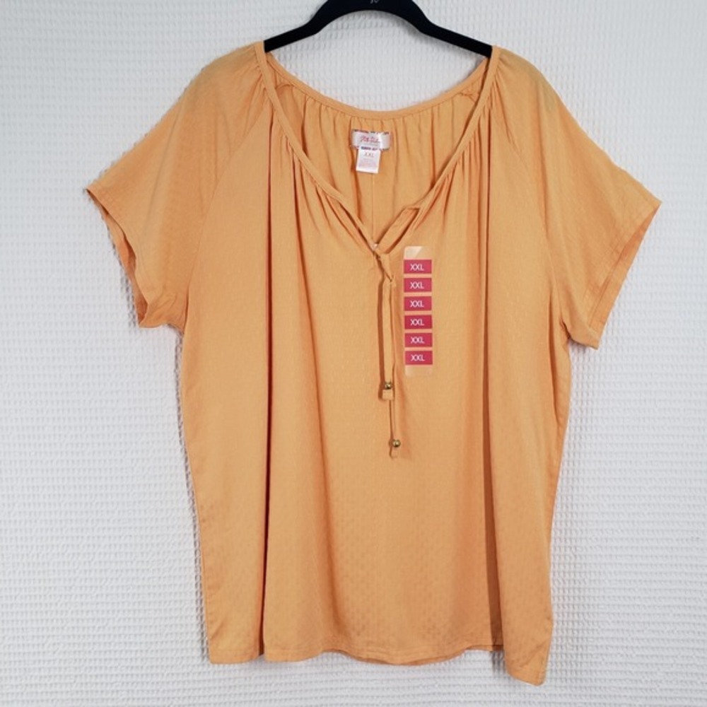 Stella‎ Parker Blouse Womens XXL Orange Short Sleeve Flowy Tie Front V Neck Boho